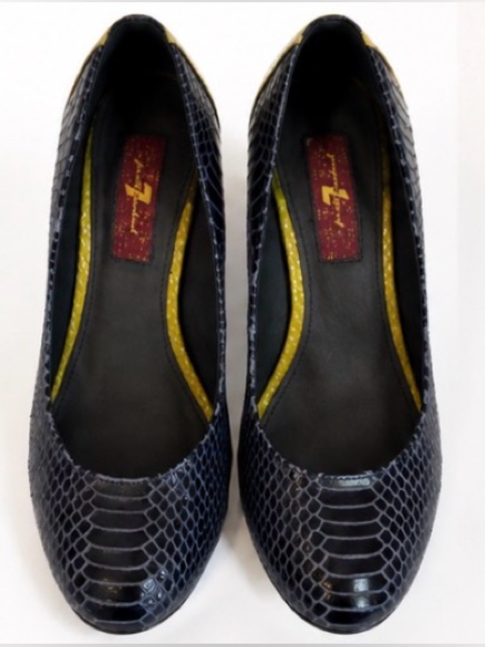 [7 for all Mankind] Veta Blue Green Snakeskin Pumps Leather Wood Heel Sz 6